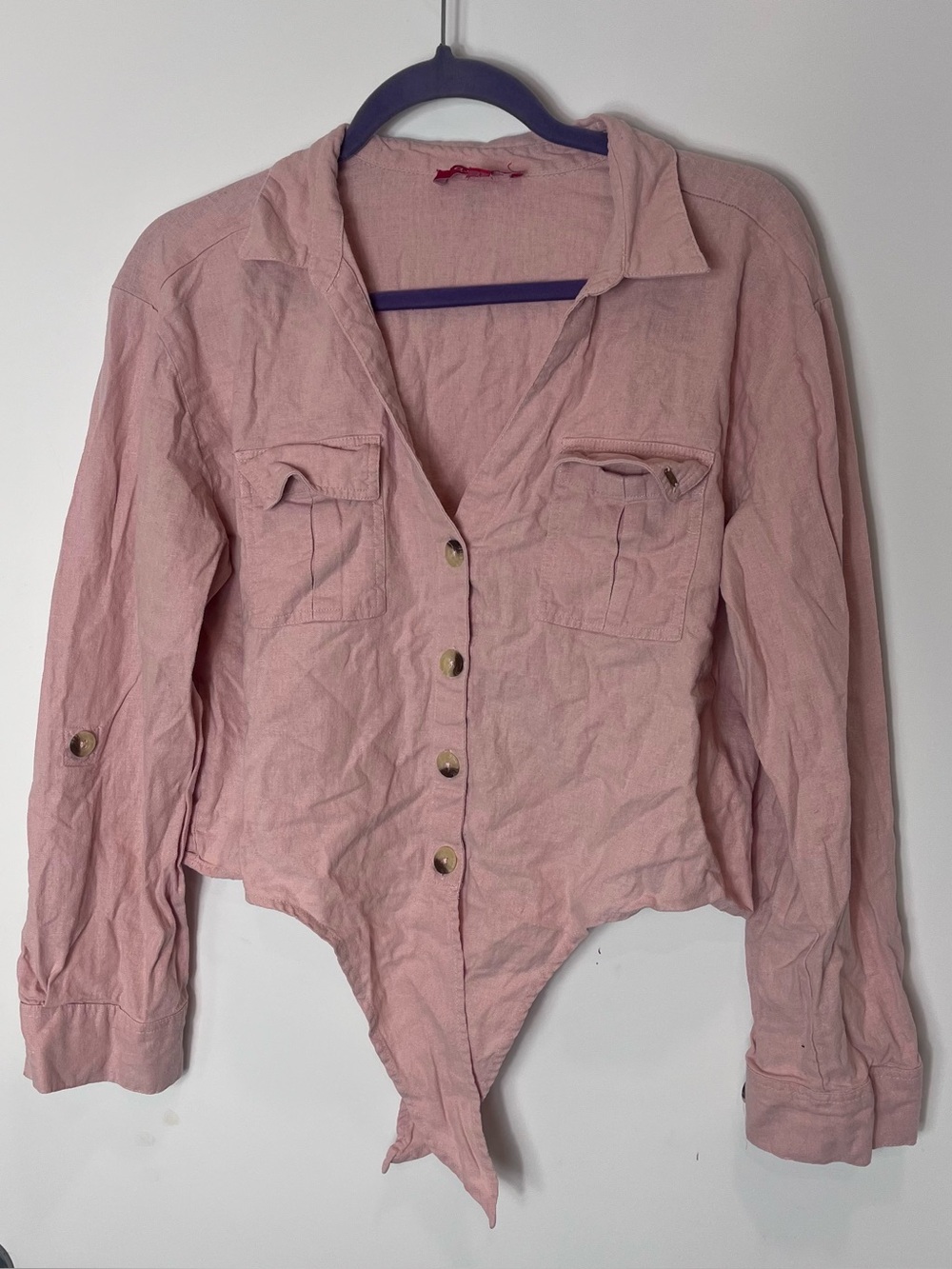 Guess Linen Blend Button Tie Front Long Sleeve XL Salmon Pink Casual Basic